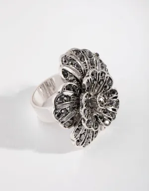 Antique Silver Diamante Flower Ring