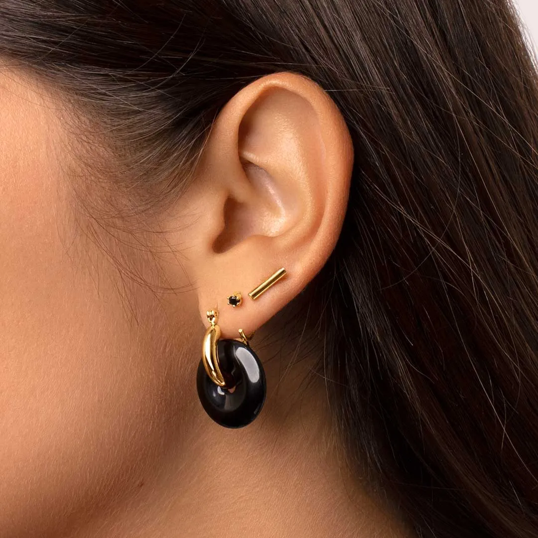 Bella Onyx Hoop Gold Earrings