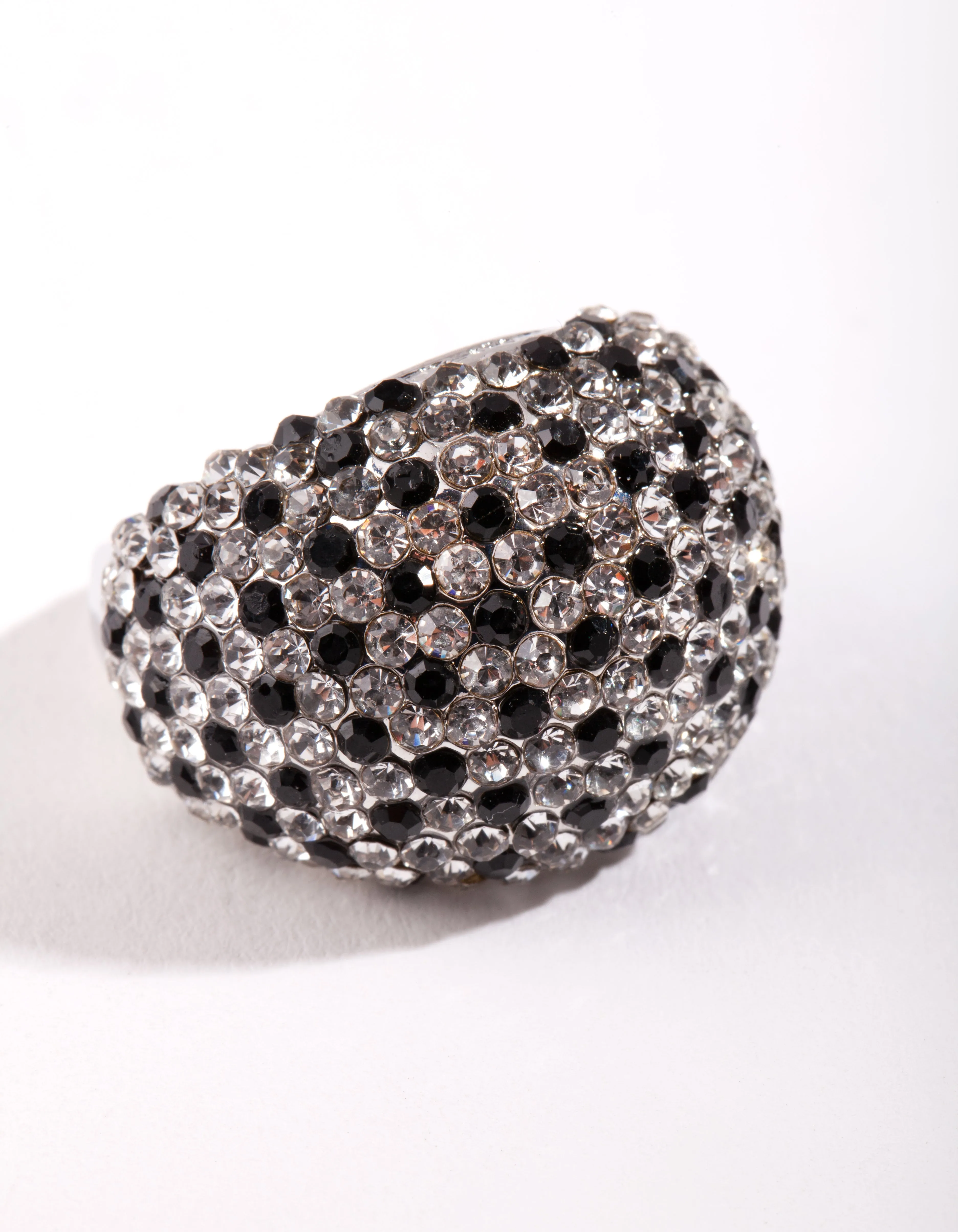 Black Silver Diamante Dome Ring