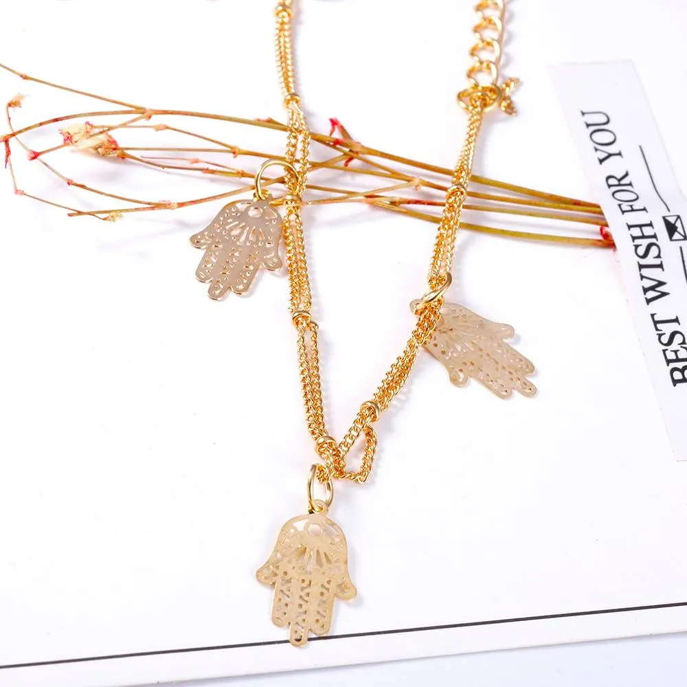 Double Layer Anklets Hollow Hamsa Hand Anklet Accessory for Women