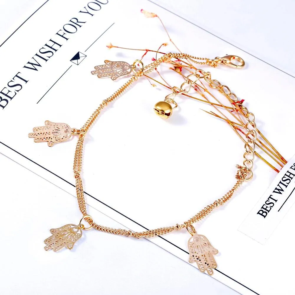 Double Layer Anklets Hollow Hamsa Hand Anklet Accessory for Women