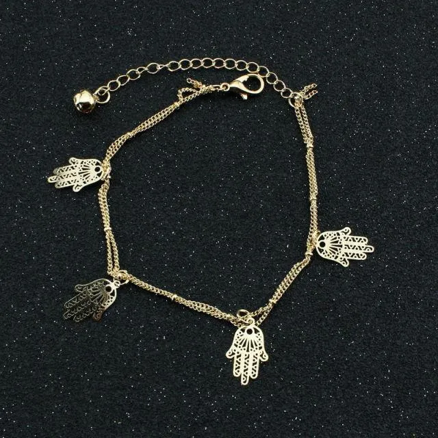 Double Layer Anklets Hollow Hamsa Hand Anklet Accessory for Women