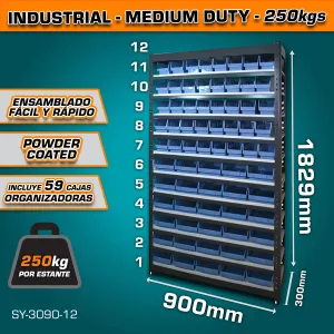 Estante De Almacenamiento Ajustable 12 Niveles Con 59 Cajas De Almacenamiento.300X900x1829mm Carga Por Nivel 250Kg Estanteria Arma Rápido Rack