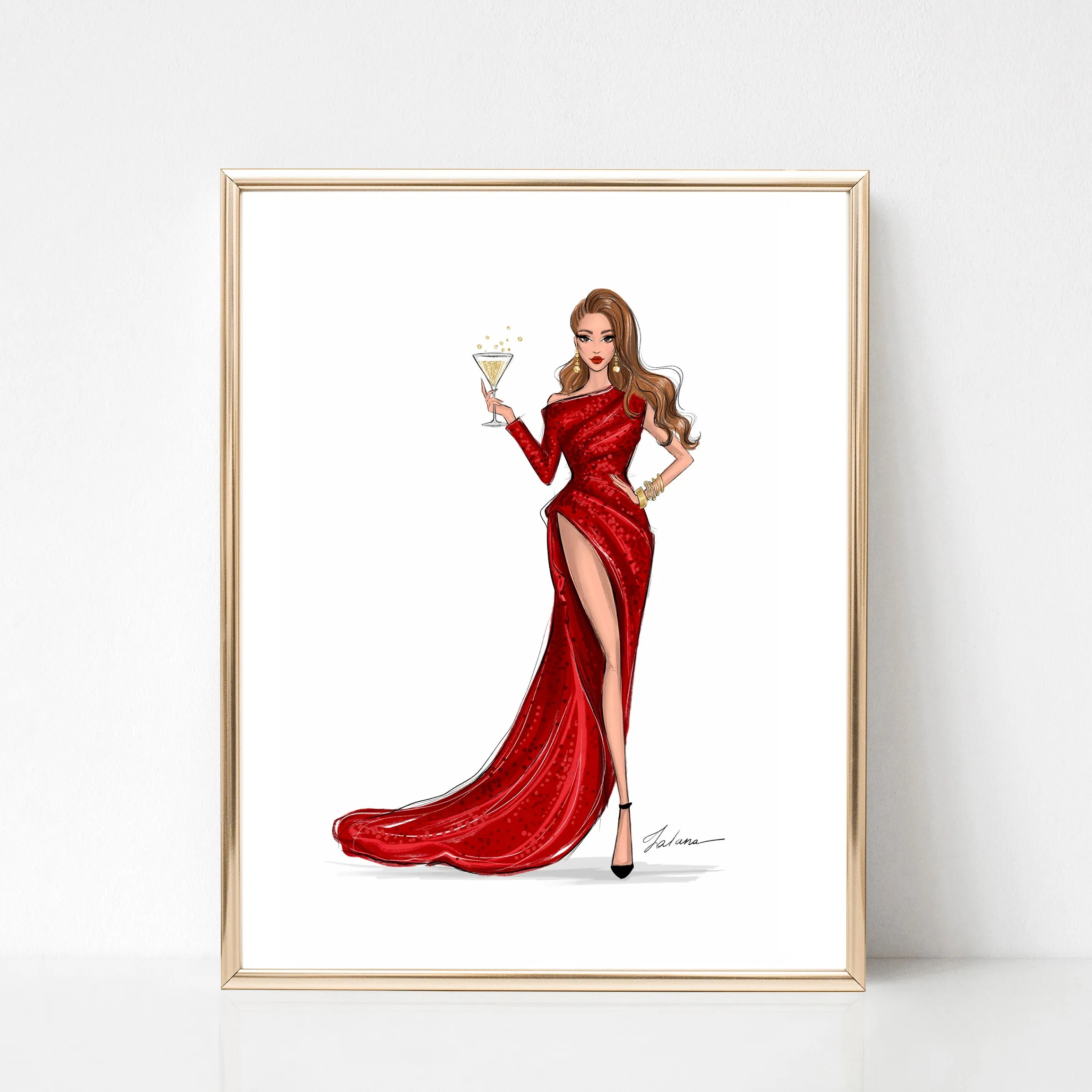 Girl in red gown Christmas art print fashion illustration