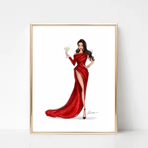 Girl in red gown Christmas art print fashion illustration