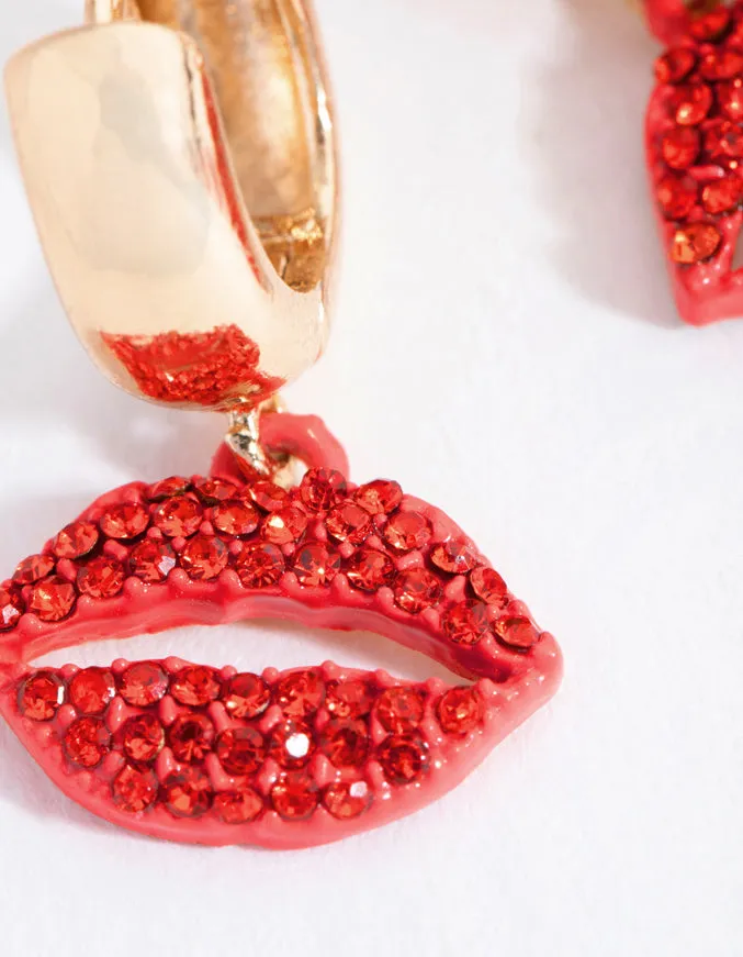 Gold Diamante Lips Huggie Earrings