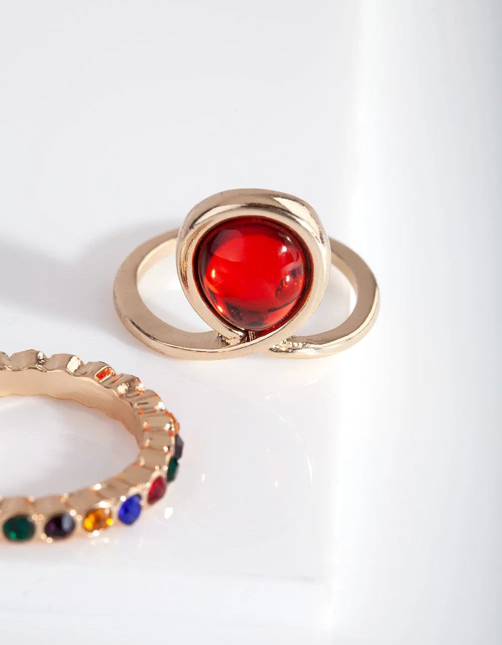 Gold Rainbow Diamante Red Ring Pack