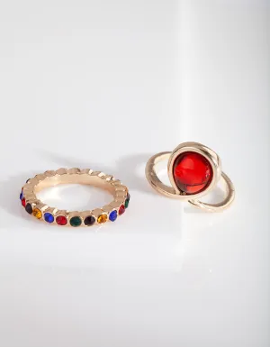 Gold Rainbow Diamante Red Ring Pack