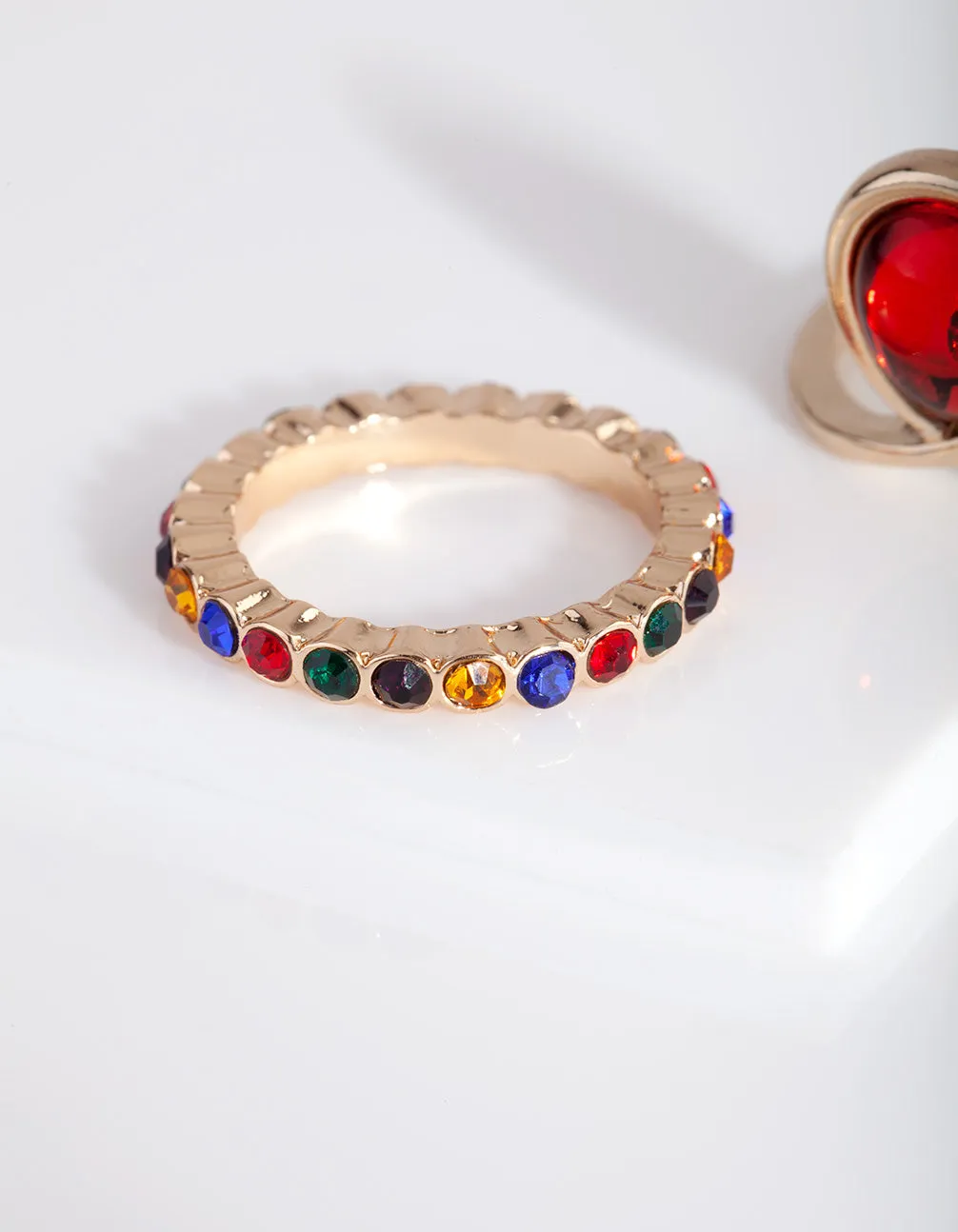 Gold Rainbow Diamante Red Ring Pack