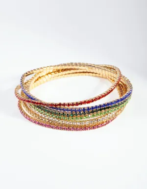 Gold Rainbow Diamante Strand Bracelet 7 Pack