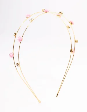 Kids Gold Diamante Flower Double Row Headband