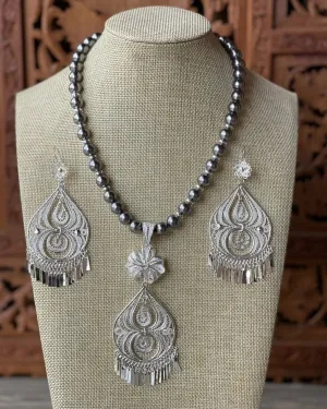 Set Pera Gota Perlas Gris (Plata)