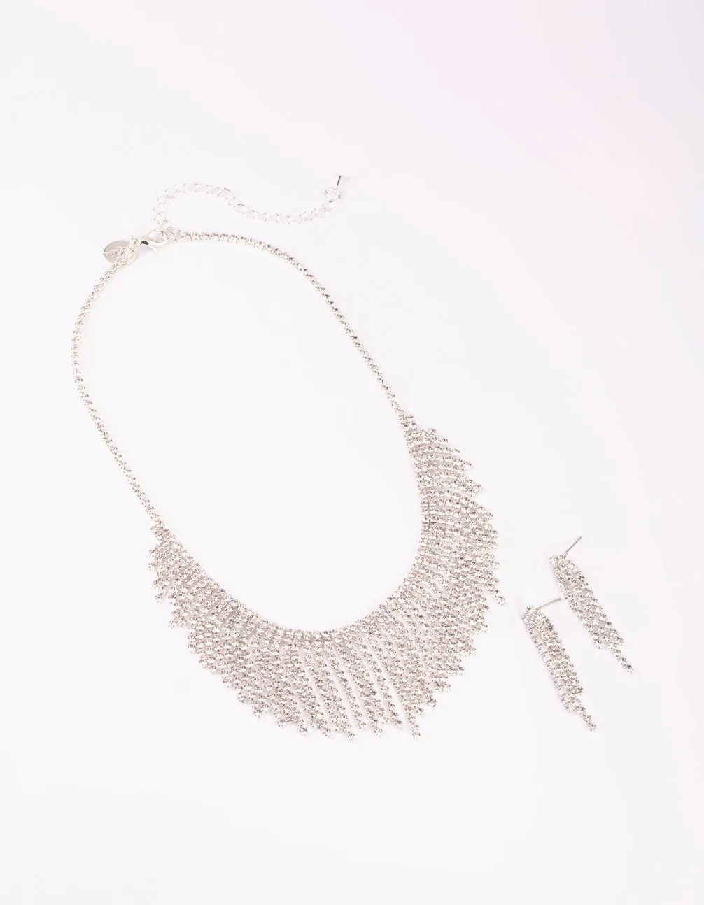 Silver Diamante Tassel Necklace & Earrings Set