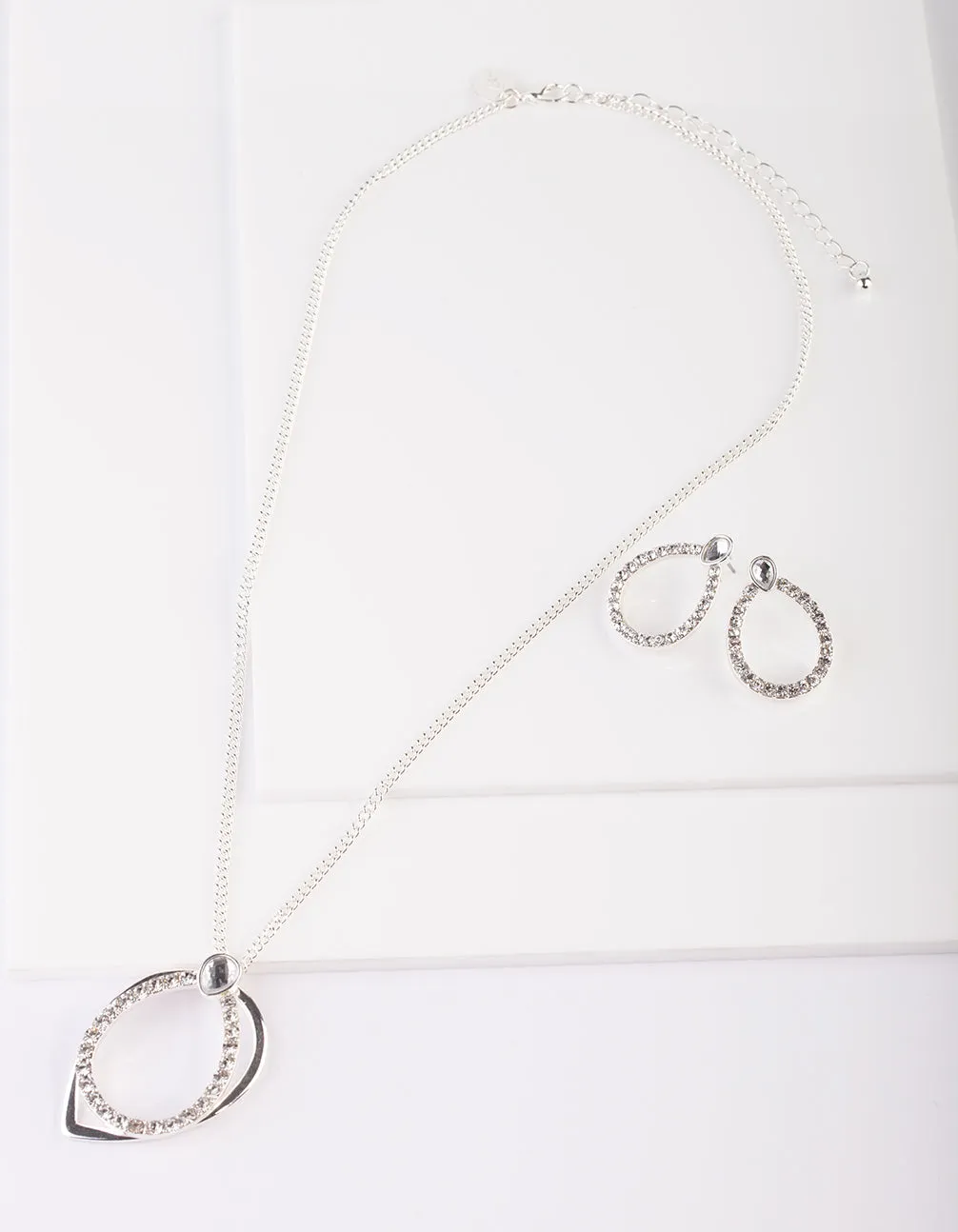 Silver Teardrop Diamante Necklace Earring Set