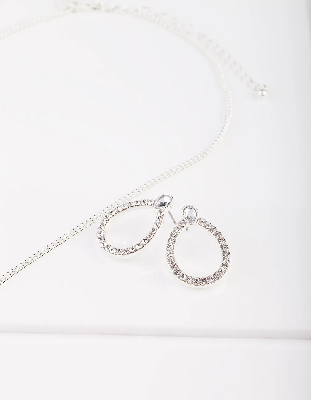 Silver Teardrop Diamante Necklace Earring Set